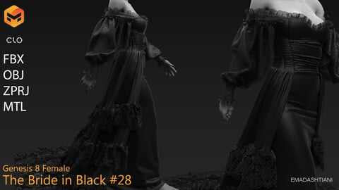 The Bride in Black - Wedding Dress N1 #28 _ MarvelousDesigner/CLO Project Files+fbx+obj+mtl _ Genesis8Female