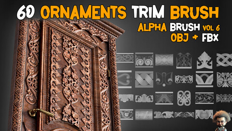 60 Ornaments Trim Brush + 3D model + Free Tutorials - Vol 6