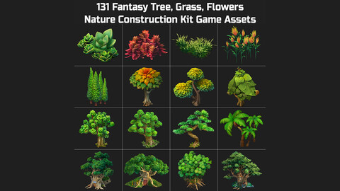 131 Fantasy Tree, Grass, Flowers, Nature Game Asset