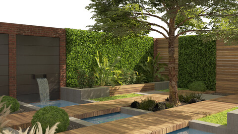 Garden yard with plants and small pool