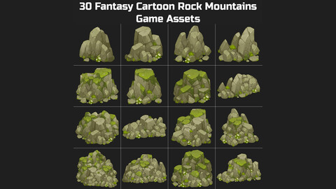 30 Fantasy Cartoon Rock, Stone, Cliff, Mountain, Terrain Game Assets
