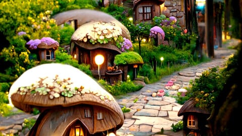 Hobbit fairy tale town at night Illustration Set