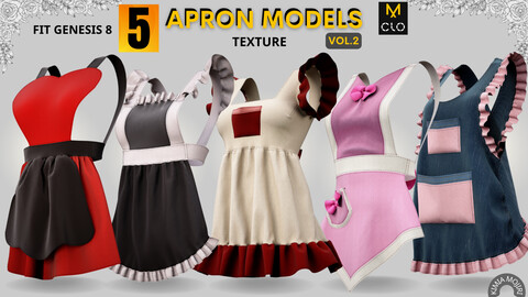 5 Apron Models - Texture - VOL.2 - Marvelous Designer / CLO3D PROJECTS+OBJ+FBX