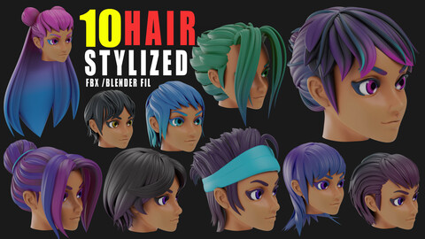 10 stylized hair for use in blender with material /blender/obj