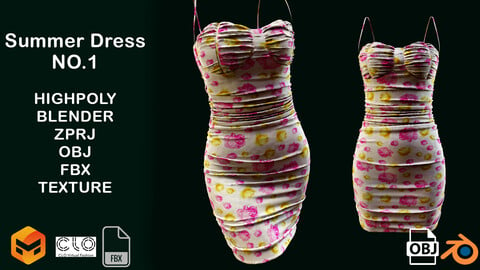 Summer Dress NO.1, Marvelous Designer, Projects Files: Zprj ,BLENDER, OBJ , FBX , Highpoly , Texture 4k