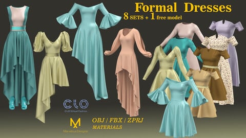 9 sets (8 +1 free) Formal dresses /Marvelous Designer/ CLO3D / zprj/ obj/ fbx/ material