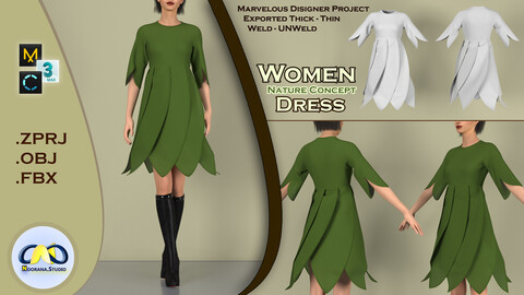 Womon Nature Concept Dress , Marvelous Designer Product , .ZPRJ / .OBJ / .FBX / THICK-THIN / WELD-UNWELD