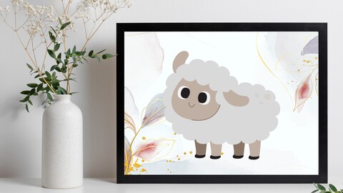 Baby Sheep Poster Wall Decor - Kid Sheep Nursery Art Picture - Girl Room Cute Animal Photo - Large Bedroom Decoration Print Active