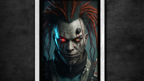 Bionic horror clown with dreadlocks and neon eyes | Digital Art Print. AI Generated wall art, AI design, Digital Download, Home Decor style