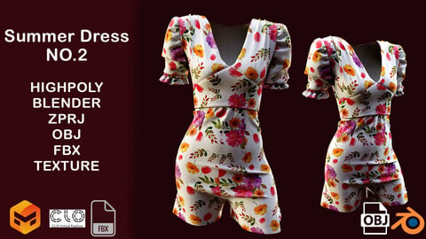 Summer Dress NO.2, Marvelous Designer, Projects Files: Zprj ,BLENDER, OBJ , FBX , Highpoly , Texture 4k