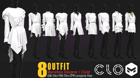 8 models of women's outfit / marvelous & clo3d / OBJ / FBX