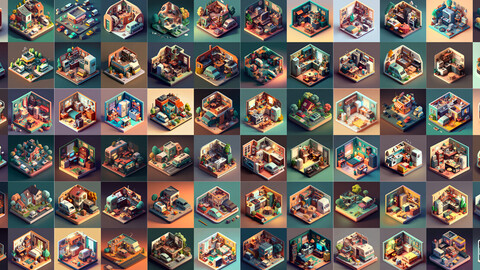 3D Isometric Interior Renders Collection: 144 Unique Images for Web and Art