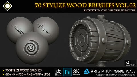 70 Stylize Wood Brushes and 8K Alphas Vol.02 - ZBrush 4R8+