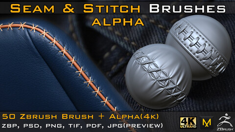 50 Seam & Stitch Brushes & Alpha (Tileable 4k-16bit) Vol.04