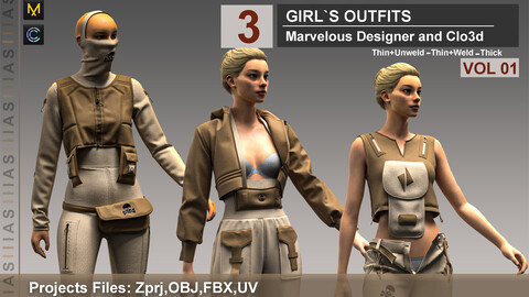 GIRL`S  OUTFIT VOL 1 (CLO3D AND MARVELOUS DESIGNER) ZPRJ, OBJ, FBX, UV