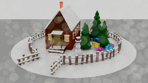Winter Scene With Log Cabin, Snow, Snowman, Christmas Trees, and Presents