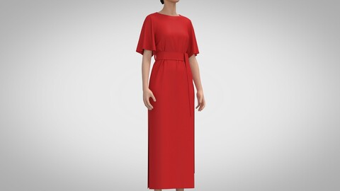 Flared Sleeve Long Dress, Marvelous Designer, Clo +obj, fbx