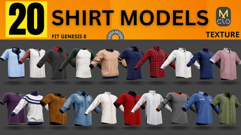 20 Shirt Models - Texture - Marvelous Designer / CLO3D PROJECTS+OBJ+FBX