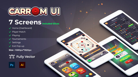Carrom 2D - Game UI Screens with Assets