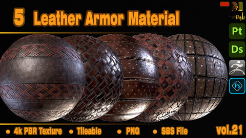 5 Leather Armor Material - Vol.21 - 4K PBR Textures + SBS File