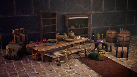 Stylized utensils, weapons, bookshelves, boxes.