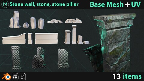 Assets pack ( stone wall, stone, stone pillar [ Base mesh +UV ] Destruction