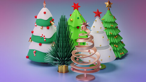 6 Christmas New Year Trees 3D Model
