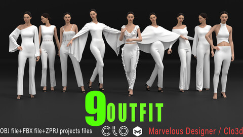 9 models of women's outfit / marvelous & clo3d / OBJ / FBX