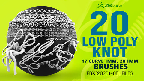20 Low poly knot & nodes base mesh IMM curve + IMM brush set for Zbrush, FBX and OBJ files.