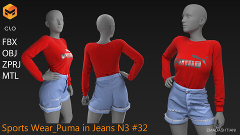 Sports Wear _ Puma in Jeans N3 #32 _  MarvelousDesignerCLO Project Files+fbx+obj+mtl _ Genesis8Female