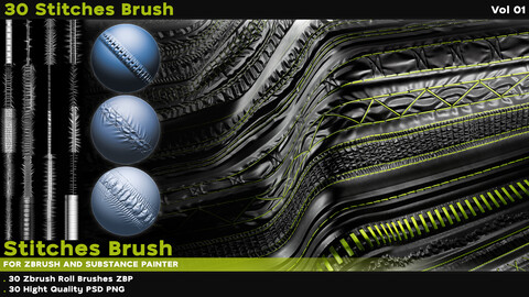30 Seam & Zbrush Stitch Brushes & Alpha (Tileable) Vol.01