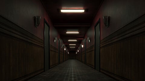 Low-poly old dark scary red corridor