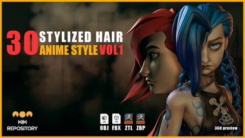 30 Stylized Hair Base Mesh (Anime Style) - VOL 01
