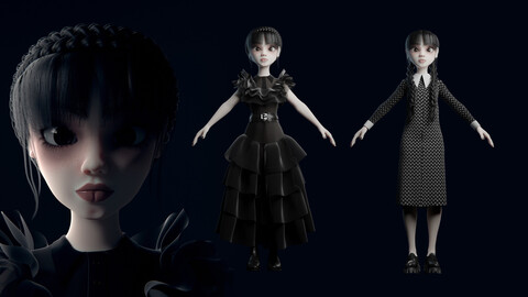 Wednesday Addams LowPoly Pack of Two Low-poly 3D models