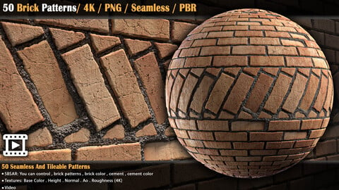 50 Brick Patterns/ 4K / PNG / Seamless / PBR