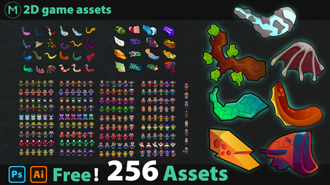 2d pack game assets - 256 assets free ( for game and sticker, nft...[ character 2d - Weapon, gun, space, octopus, fantasy - magic assets