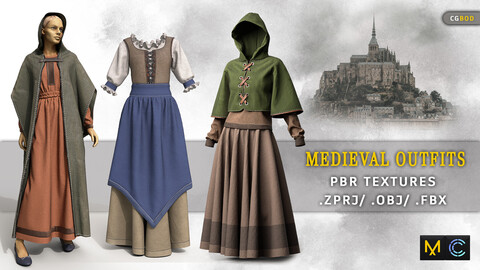women clothing / Medieval female Outfits pack / Marvelous Designer / PBR Textures