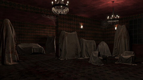 low poly old bloody haunted room
