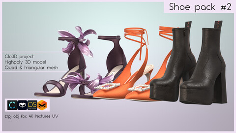 SHOES PACK #2 (3 pairs of heeled shoes made in Clo3D/Marvelous Designer): zrpj, obj,fbx, PBR 4K