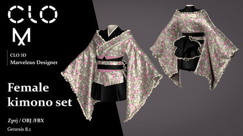 Female kimono set / Marvelous Designer/Clo3D project file + OBJ