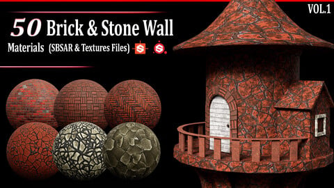 50  Brick & Stone Wall PBR MATERIALS (SBSAR & Alpha & Textures Files)