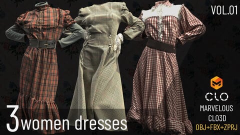 3 Women's Dresses-marvelous- clo3d -ZPRJ+FBX+OBJ