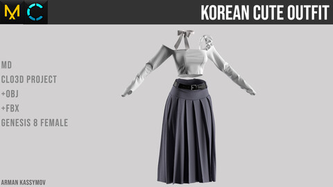 Korean Female Cute Outfit Marvelous Designer Project + .Obj + .FBX