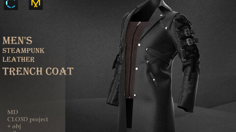 Mens steampunk leather trench coat