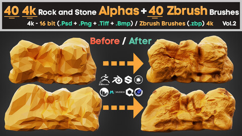 40 4K Rock and Stone Alphas + 40 ZBrush Brushes Vol. 2 - The Ultimate Collection for Bringing Your 3D Scenes to Life