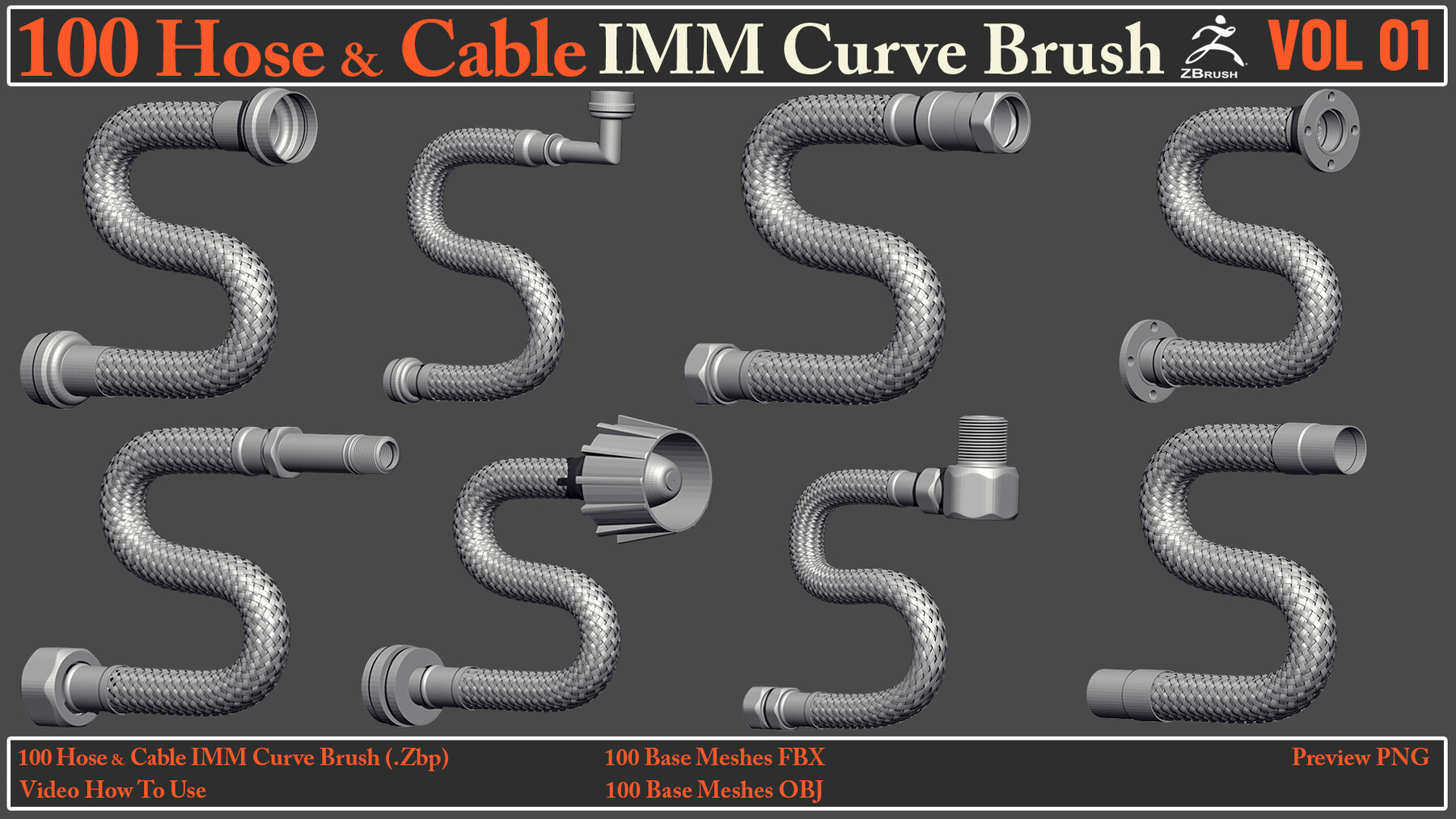 ArtStation - 100 Hose & Cable IMM Curve Brush VOL01