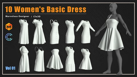 10 Basic Women's Dress / Marvelous Designer , Clo3d Project + OBJ , FBX