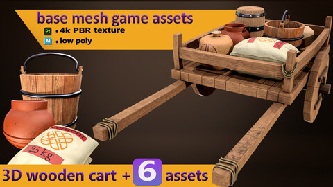 Wooden cart and game assets with PBR texturing