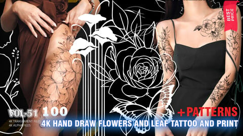 100 4K HAND DRAW FLOWERS AND LEAF TATTOO AND PRINT (TRANSPARENT&ALPHA) - VOL 51