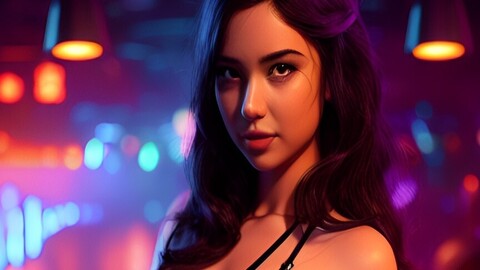 Hot Bikini Girl In Night Club, Neon Colour, High resolution, High Detatiled, 8K